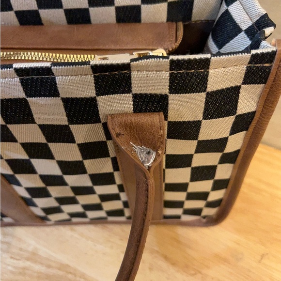 Elegant Canvas Checkered Crossbody with Top Handles Tan Leather - Picture 8 of 12